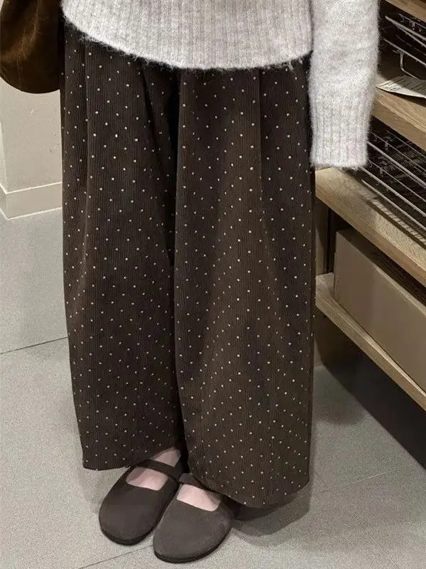 plus Size 300 Pounds Polka Dot Corduroy Wide Leg Pants Women's Casual Loose Slimming Versatile Spring Autumn High Waist Elast...