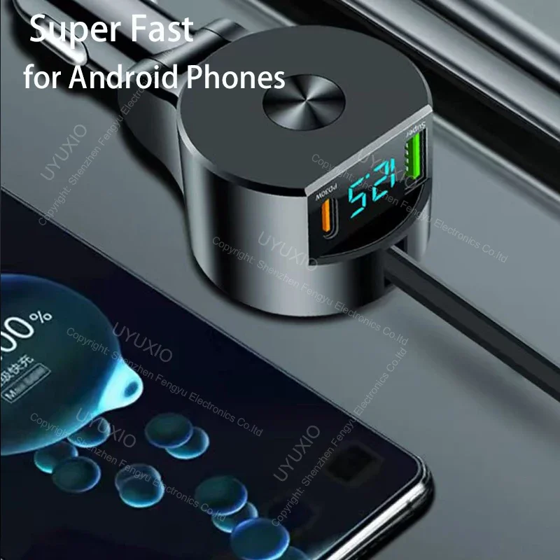 Ładowarka samochodowa USB C 65 W Super szybkie ładowanie z wyświetlaczem napięcia PD 30 W zwijany kabel typu C do iPhone'a 16 Pro Max 15 Samsung — zdjęcie produktu 5
