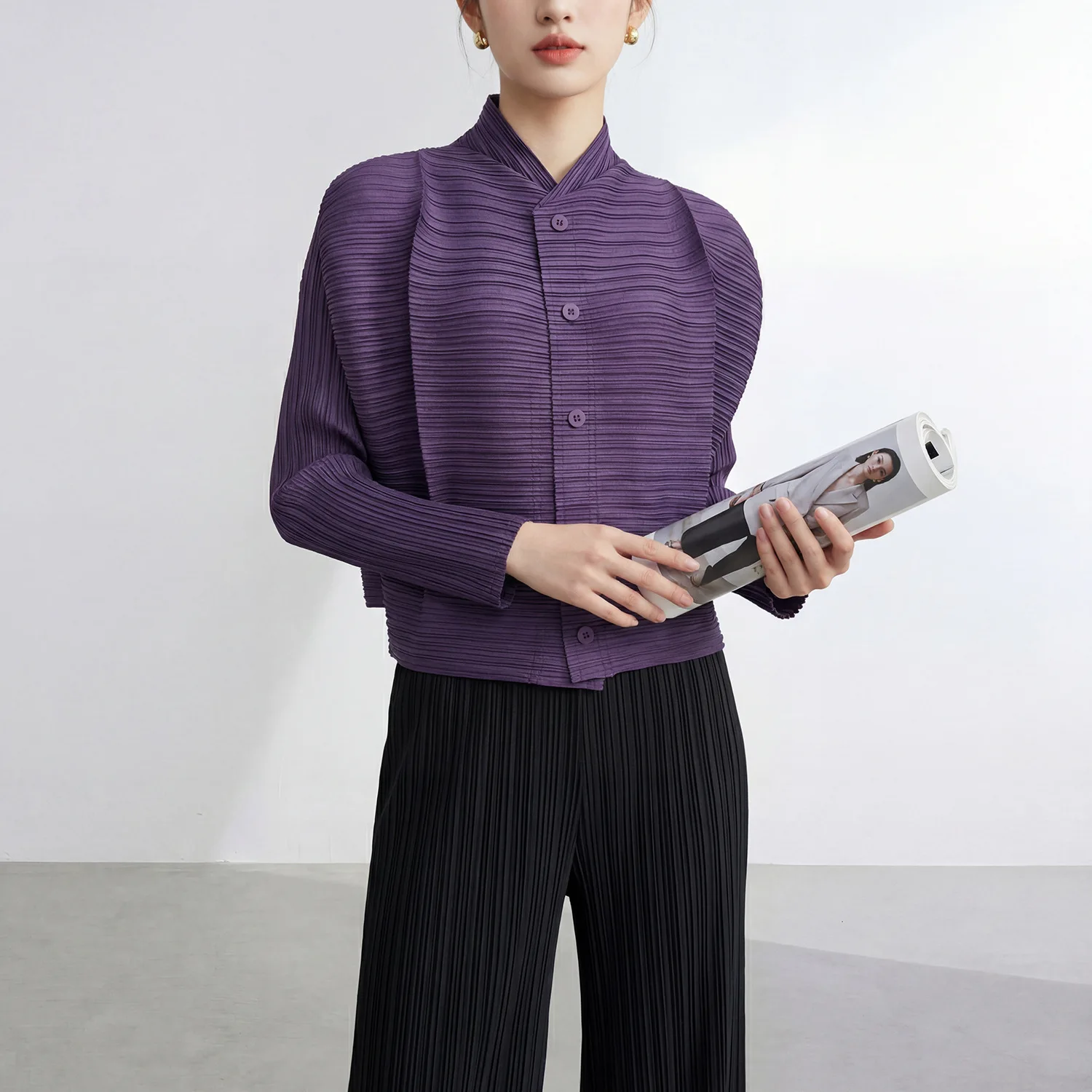 Miyake Pleated Jacket Women's 2026 New Long-sleeved Single-breasted Solid Color Cardigan High-end Fashion Versatile Top