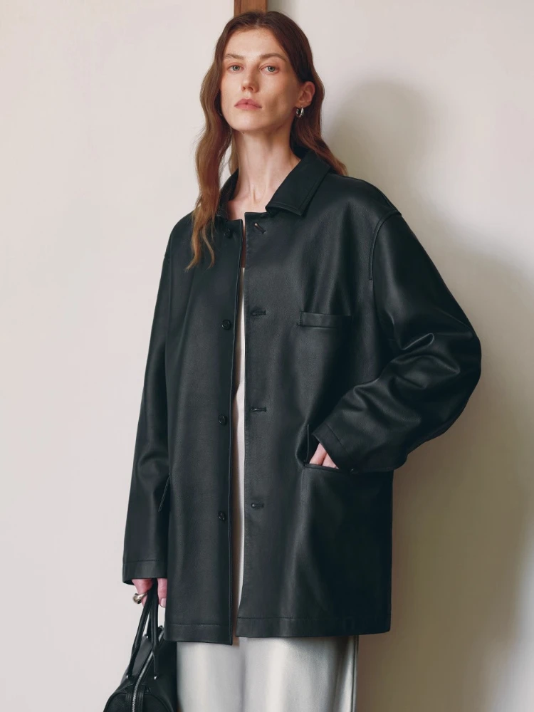 Clássico preto couro genuíno blazer jaquetas para mulheres primavera outono high-end simples único breasted solto casaco de couro de vaca real