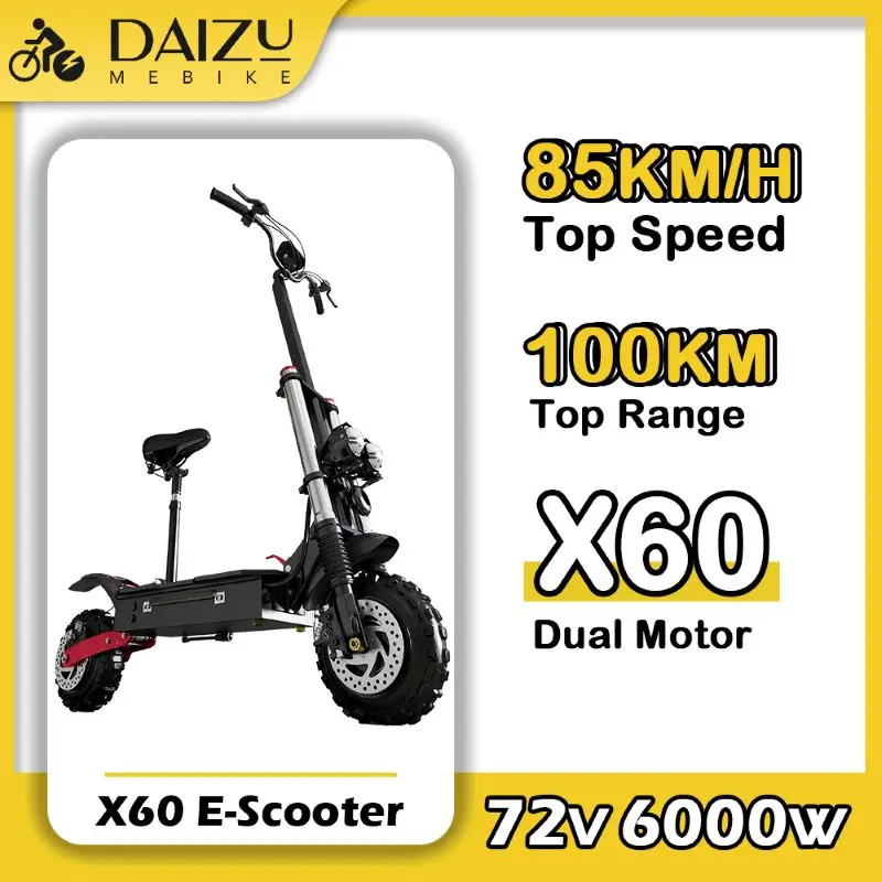 Powerful Dual Motor 72V 6000W Electric Scooter X60 100km Long Range 80KM/H Top Speed Electric Kick Scooter with Off Road Tire