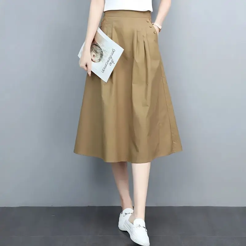 

Elegant Fashion Solid Color Skirt 2025 Summer Autumn Women Casual High Waisted Faldas Casual Loose Mid-Length A-line Skirts