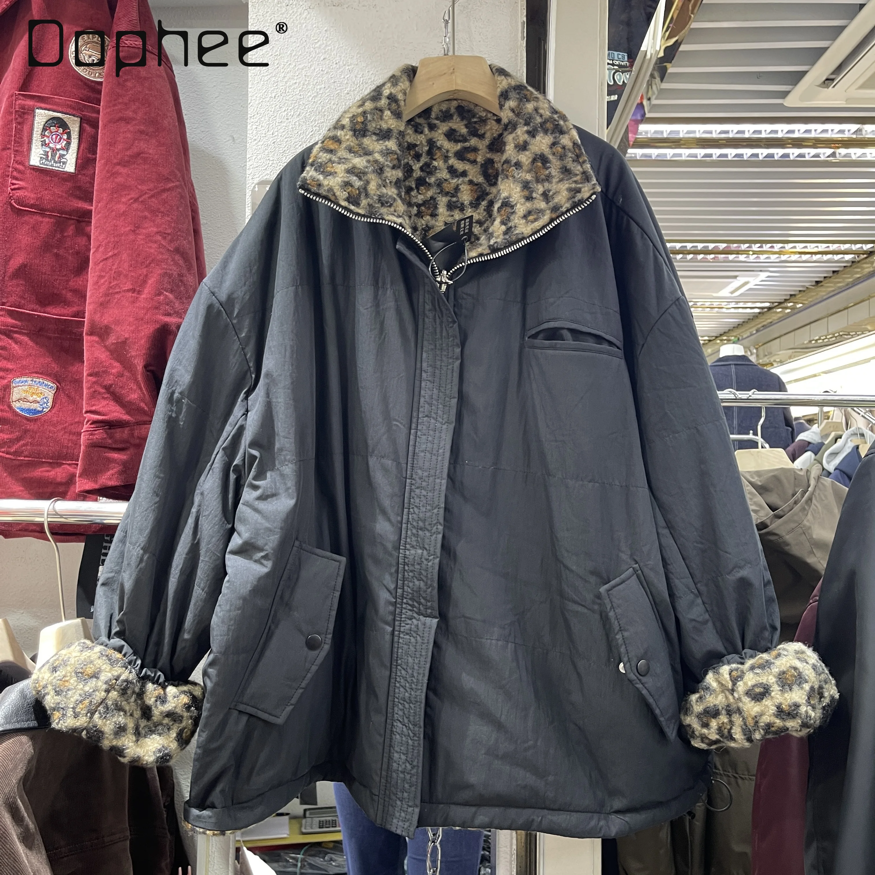 

European Style Trendy Leopard Print Cotton Jacket for Women 2025 Autumn Winter New Loose Versatile Thickened Warm Cotton Coat