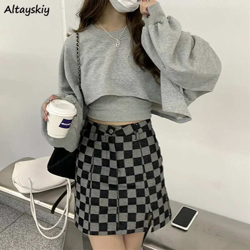 Women Sweatshirts Sets Gray Ins Long Sleeve Solid Simple Casual Korean Fashion Stylish Chic Ins Workout Exercise Trendy Leisure