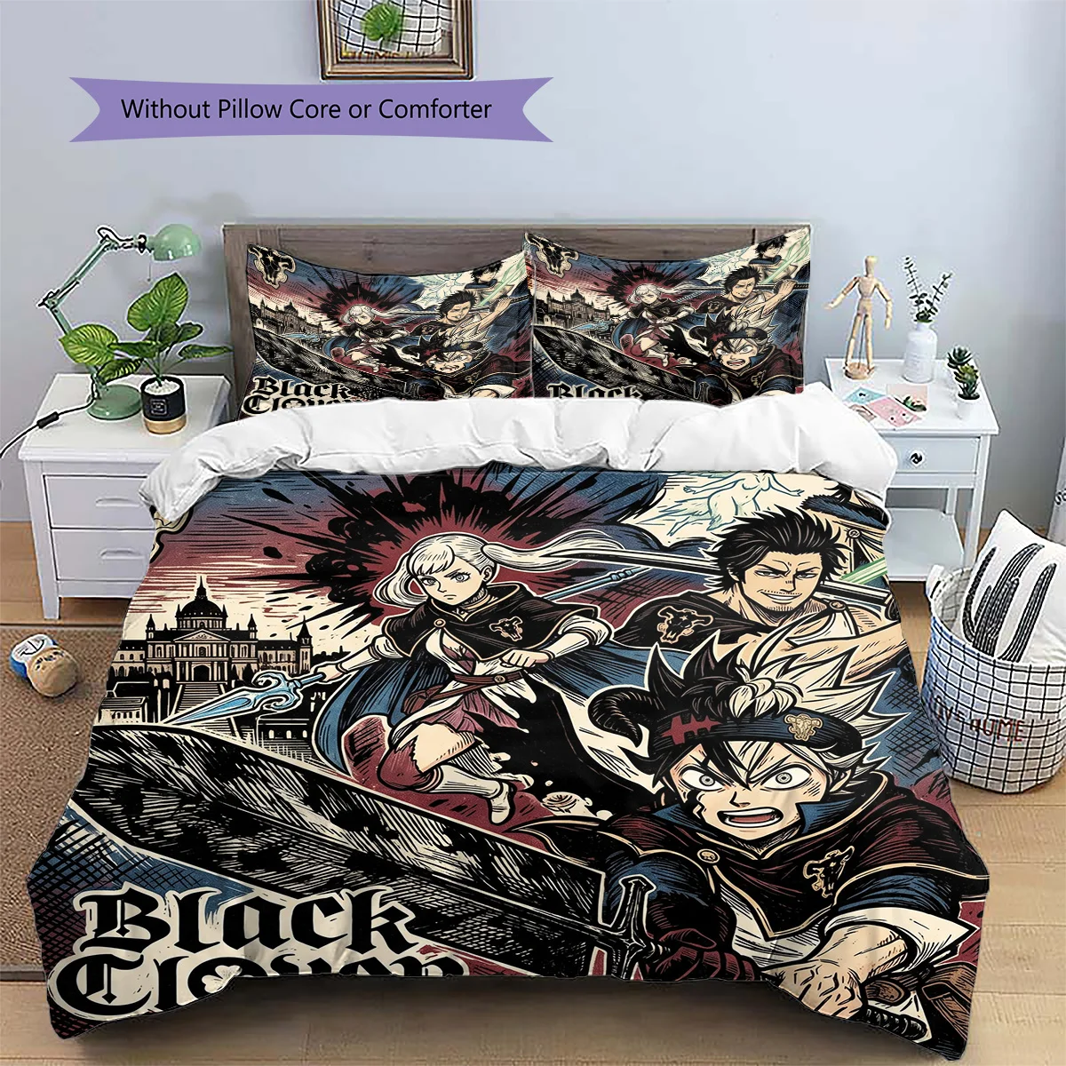 Black Clover Patterned Pillowcase & Duvet Cover Set 3-Piece Anime Bedding Decor for Bedroom Excellent Gift for Fans YUN6516