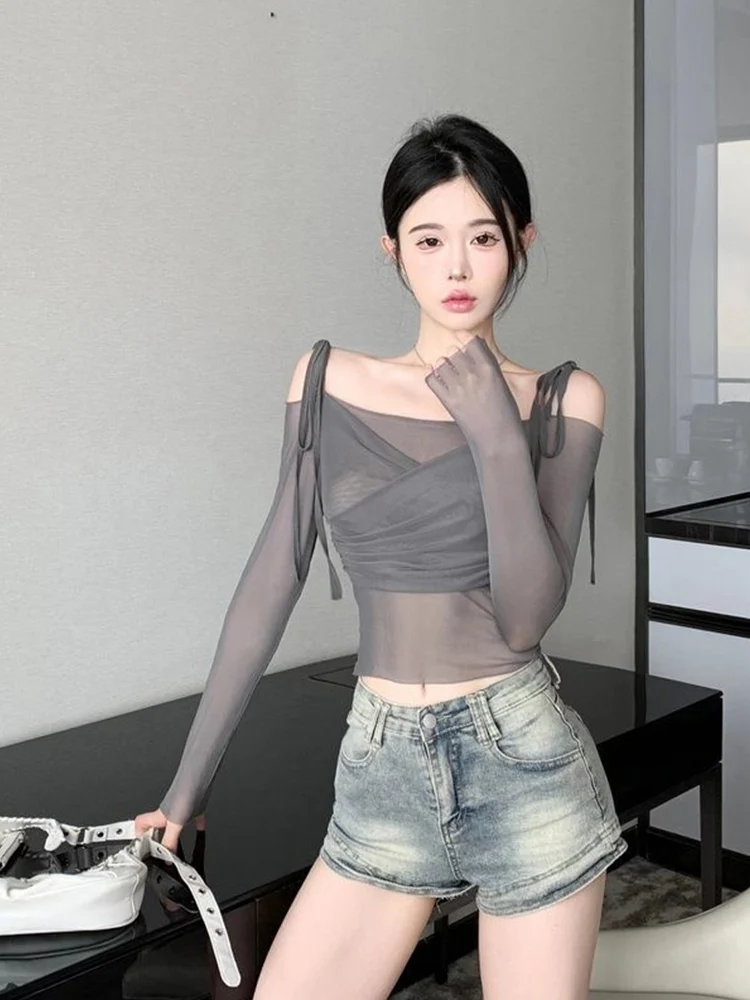 Langärmliges Mesh-T-Shirt mit Sonnenschutz und Schnürung für Damen im Sommer, dünnes Design, kurzes One-Shoulder-Design, freiliegendes Nabel-Top