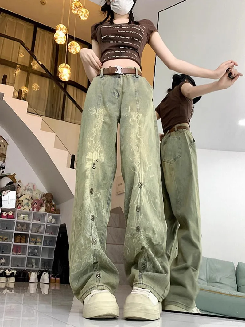 2000S Spring Autumn Printed Y2K Jeans Men Straight Casual Trousers High Street Japanese Retro Handsome Washed Distressed Pants