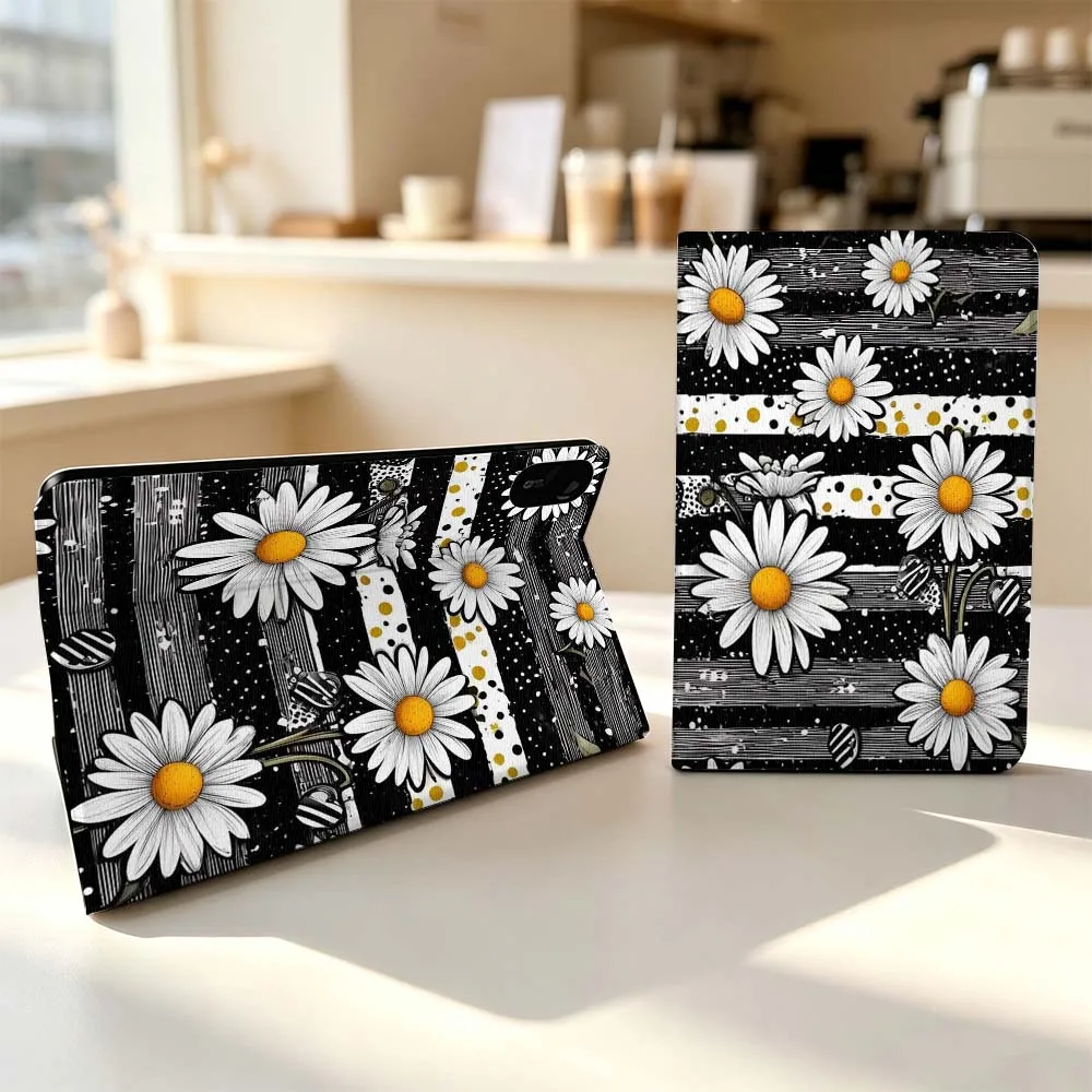 White Daisy Black Background Fashion For Xiaomi Poco Redmi Pad 8 2 4 5 6 6S 7 7S SE Pro Max 14 11 8.7 11.2 12.5 Inch Tablet Case