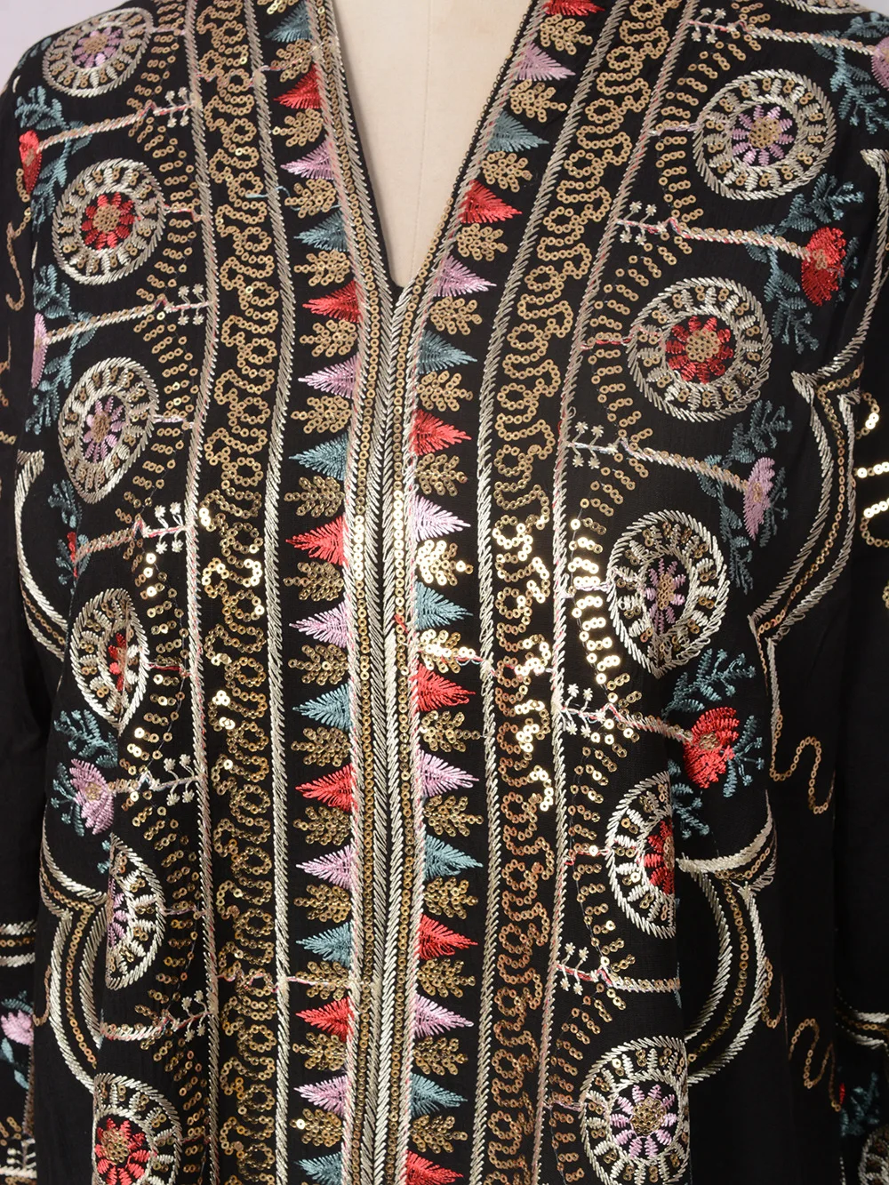 Ramadan Eid Regular-Fit Moroccan Kaftan Dress Women Abaya-Sequins & Thread Embroidery, V Neck. Evening Party Dubai Muslim Dress