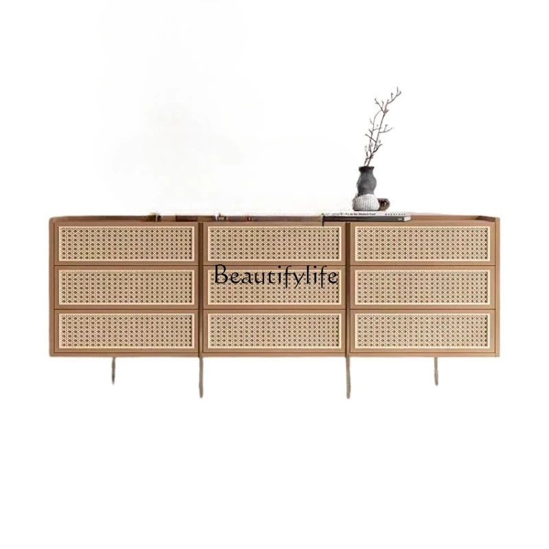

Medieval rattan nine chest cabinet Nordic solid wood living room drawer cabinet