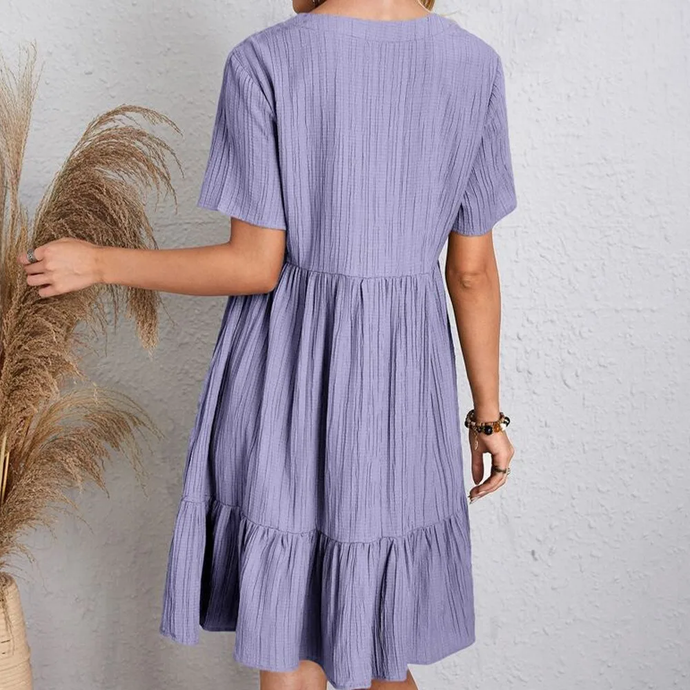 Women Summer Dresses Spring V-Neck Short Sleeve Loose Waist Ruffle Fit Flare Vocation Dresses