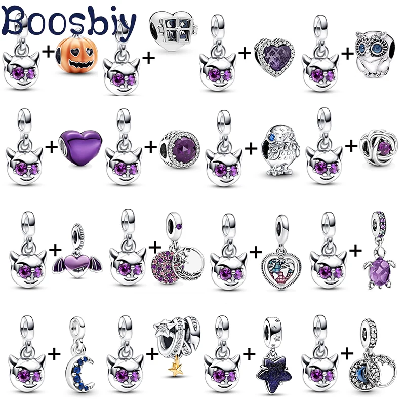 

2Pc/Lot Purple Mini Demon Beads With Heart Pendants Fit DIY Brand Charm Bracelet & Necklace For Women Jewelry Making Gift New