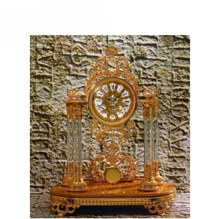 

Luxury Bronze Mounted Imperial Table Clock Full Solid Brass Crystal Decorated Quartz Desk Clock with Pendulum Wooden Material
