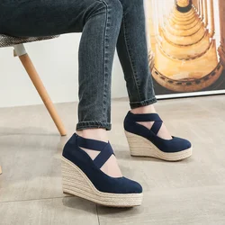 New Women's Wedges Shoes Spring Autumn Round Head Fashion Platform High Heels Cross with Single Shoes Straw Zapatos De Mujer