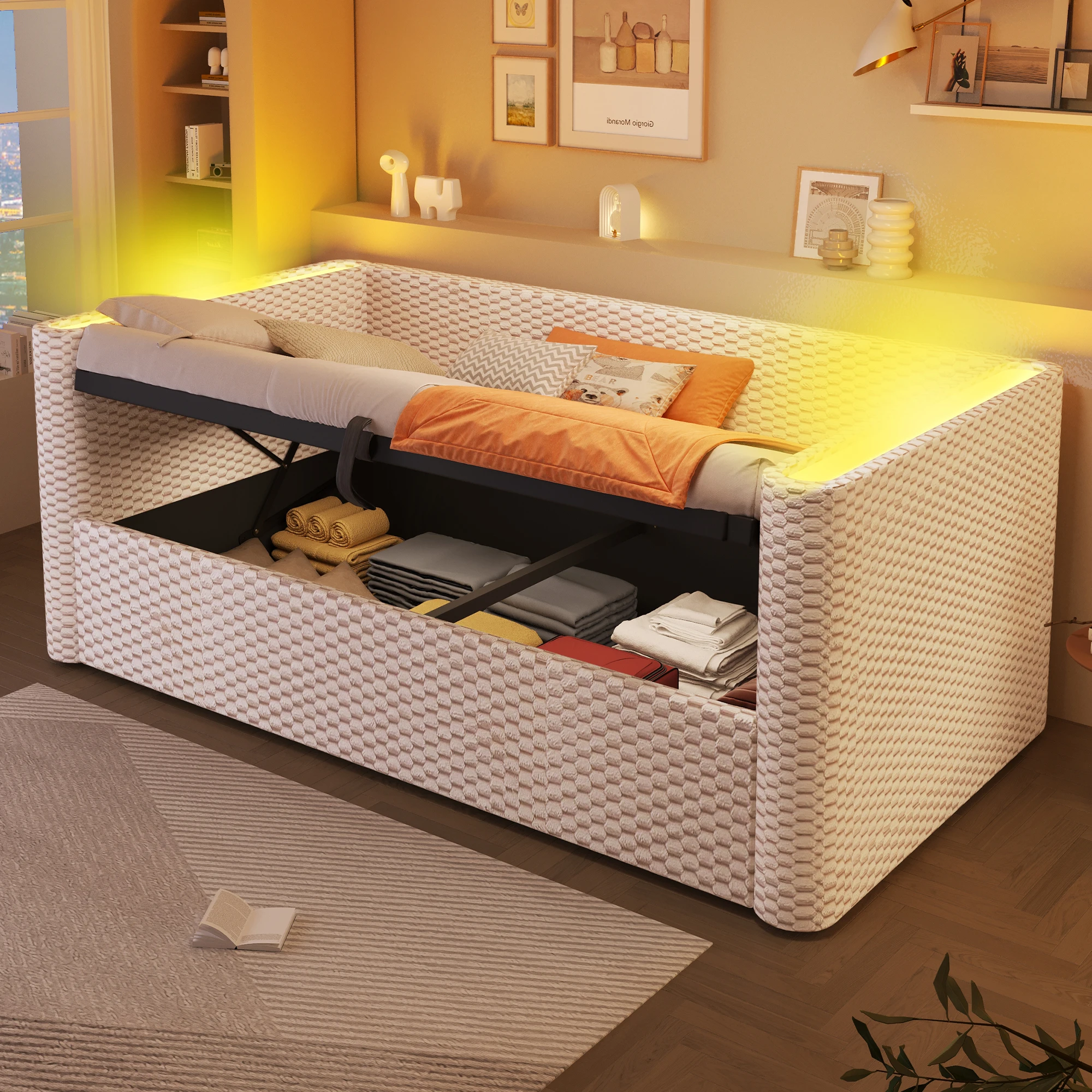 Lit banquette 90x200 cm - Lit simple - Rangement hydraulique - Éclairage LED - Velours - Beige