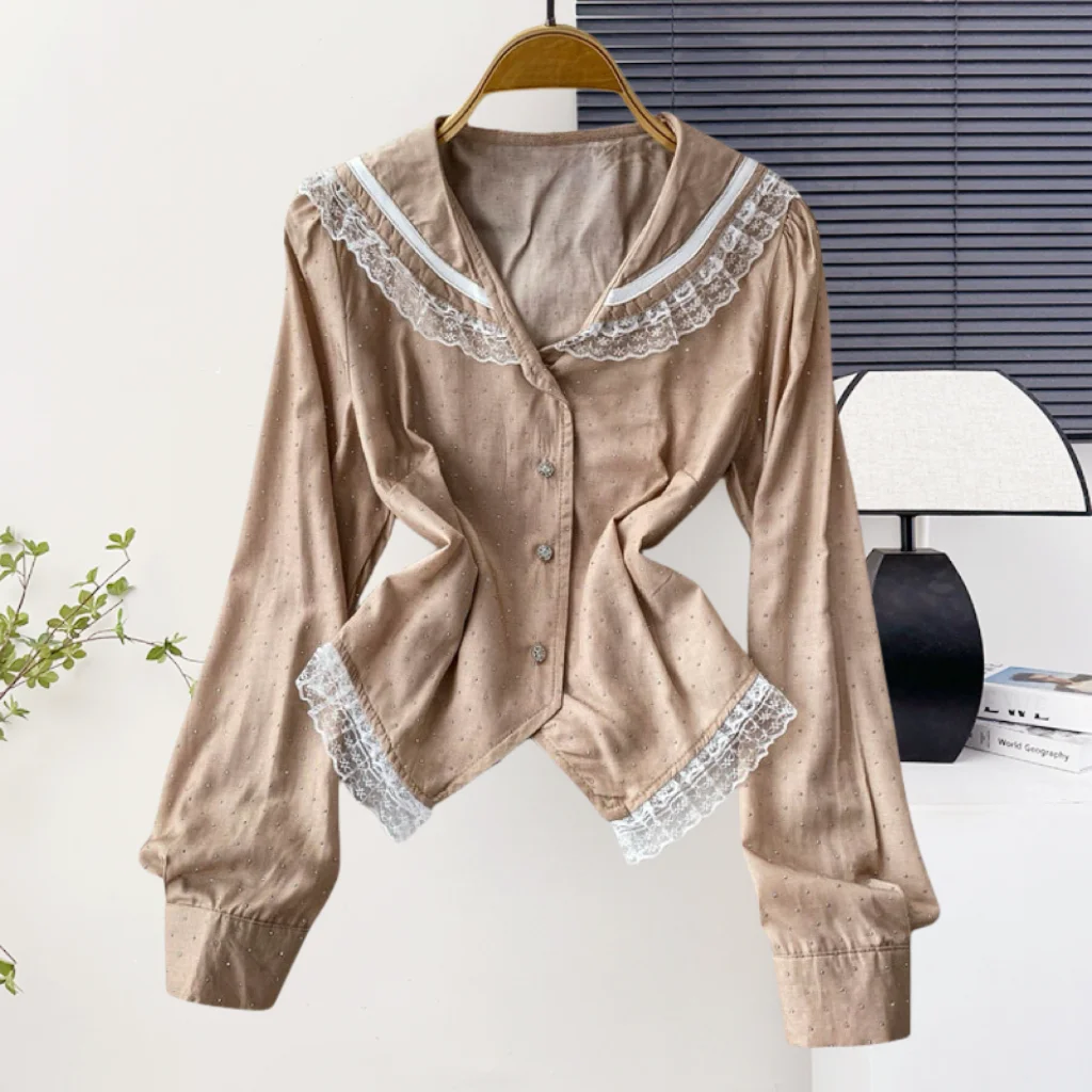 블랙,새로운,여름,한국어,스타일,슬림,블라우스,짧은,패션,섹시,버튼,패치워크,레이스,반짝이는,다이아몬드,여성,긴 소매,탑,562703