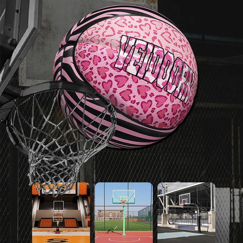 كرة سلة عصرية باللون الوردي الفهد مقاس رسمي 7 كرة مطاطية للرجال والنساء كرة رياضية عالية الارتداد للاستخدام الداخلي والخارجي للتدريب #5