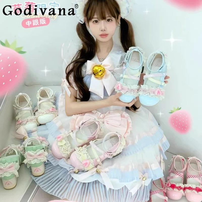 

Japanese Style Sweet Lolita Pink Shoes Spring Summer Women Mary Janes Shoes Girls Daughter's Lace Bow Strawberry Cosplay Pumps