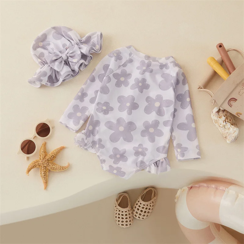 Tregren Toddler Infant Baby Girls Swimsuit Flower Print Zipper Long Sleeve Swimwear Bow Swim Cap Beach Bathing Suit Monokini