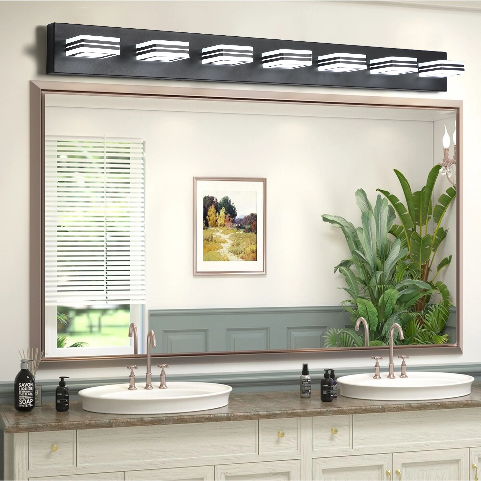 LED Vanity Lights Modern Black 7-Lights Acrylic Matte Black Bathroom Vanity Lights Over Mirror, Wall Mounted Lighting Fixture