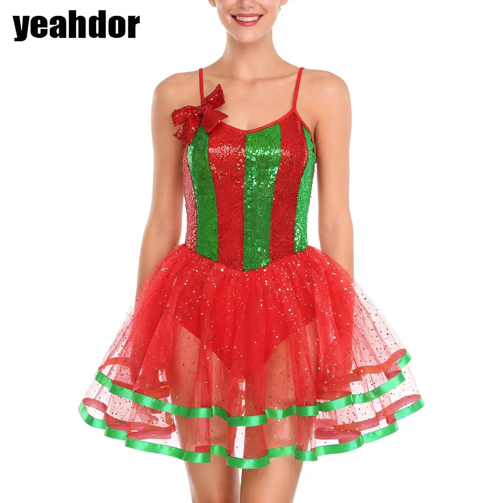 

Women Sequins Christmas Dance Costume Candy Cane Striped Ballet Tutu Dress Sleeveless Bowknot New Year Xmas Leotard Tulle Dress