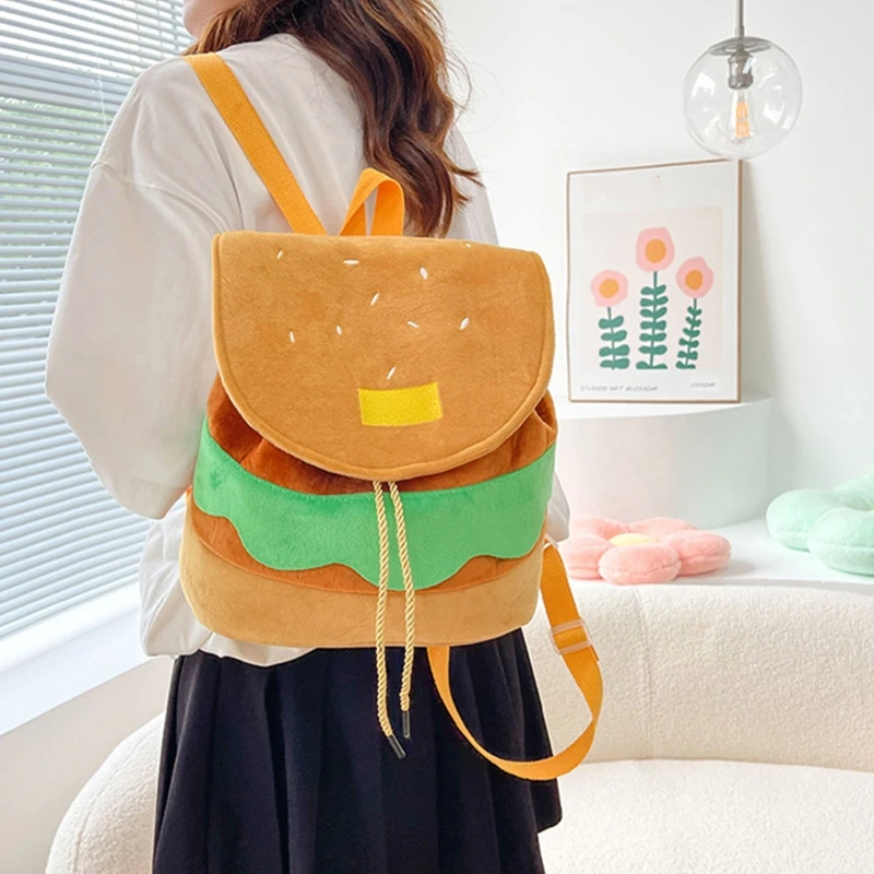 Cartoon Hamburger Backpack for Girl Women Student School Bag Drawstring Backpack