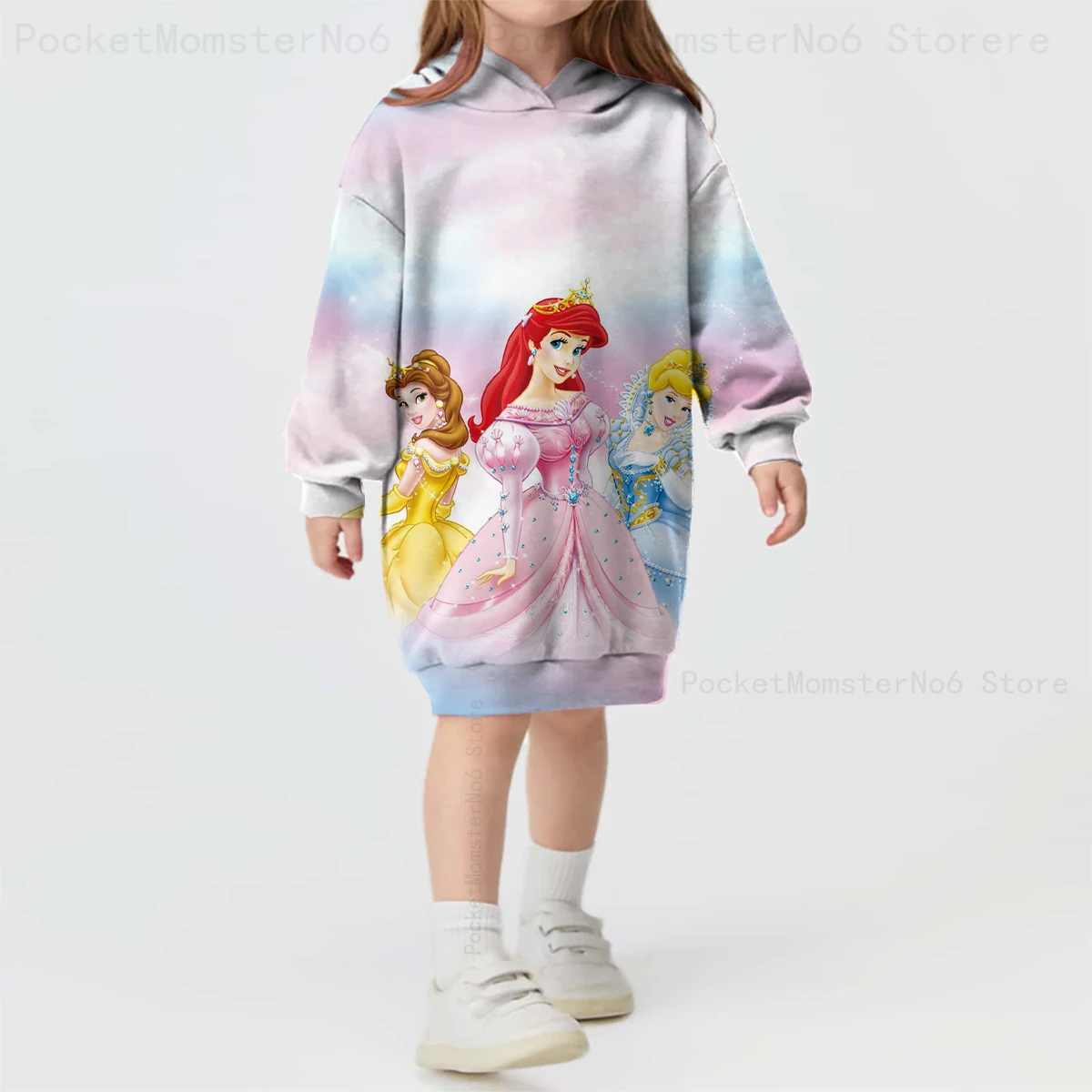 Disney Mermaid Ariel Princess Print Long Sleeve Hooded Pullover Girls Cosplay Cartoon Character Sweater