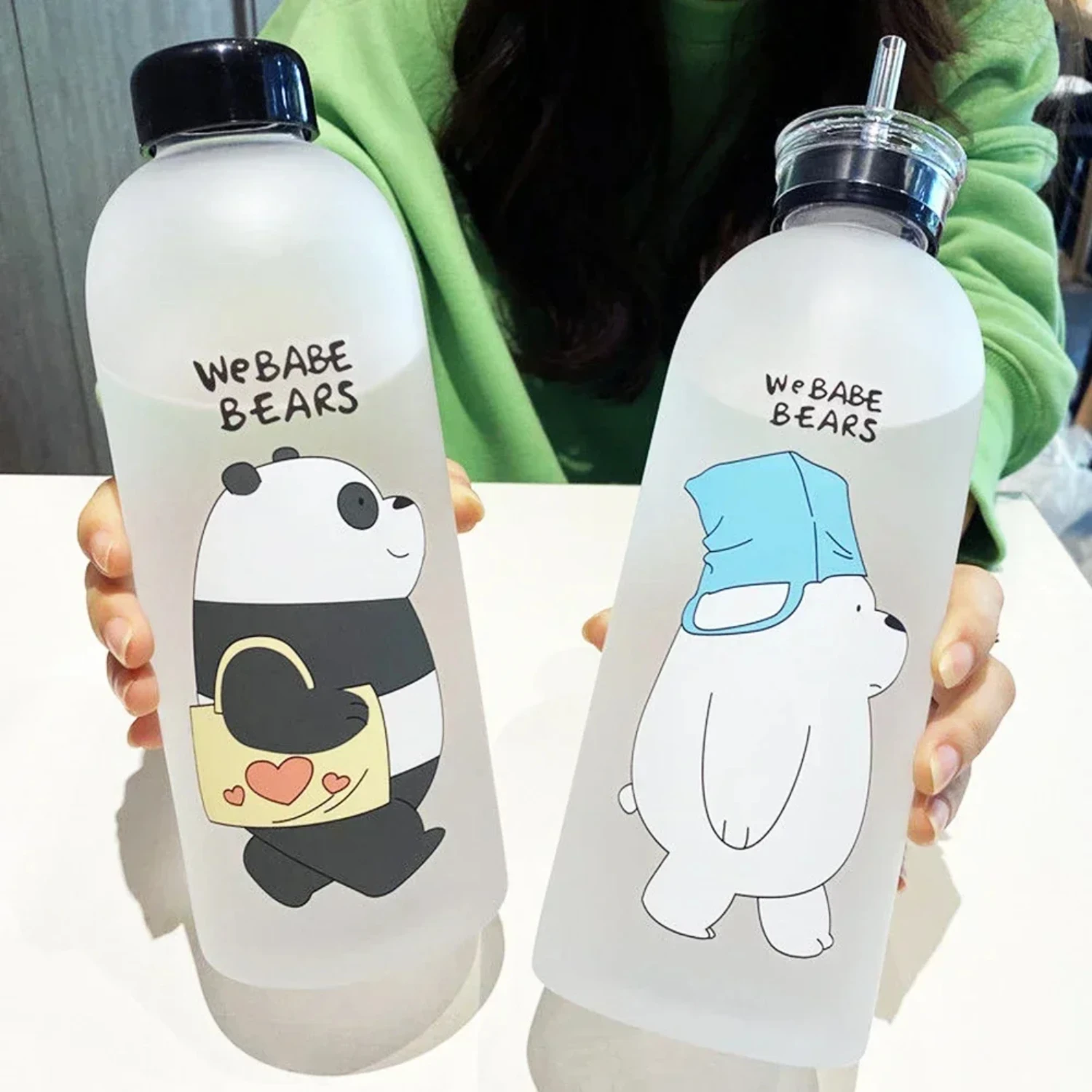 Frosted Kawaii Cute Panda 1000ml Water Bottles with Straw - Cartoon Protein Shaker Cup, Transparent Drinkware Gourd Drinks Milk