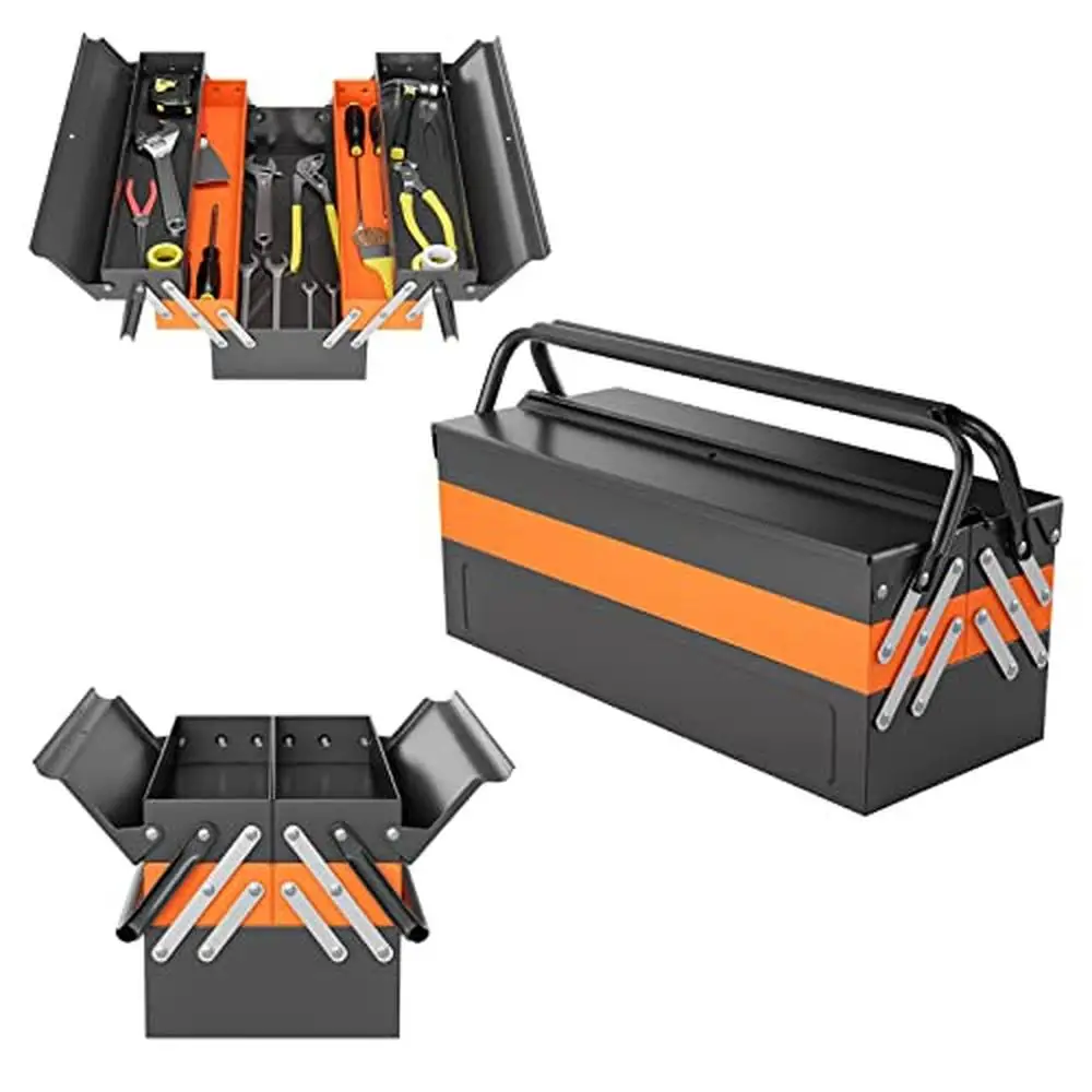 Metal Cantilever Tool Box 3-Layer 5-Tray Organizer Portable Folding Chest with Lock Hole & Handle Heavy Duty Steel Storage