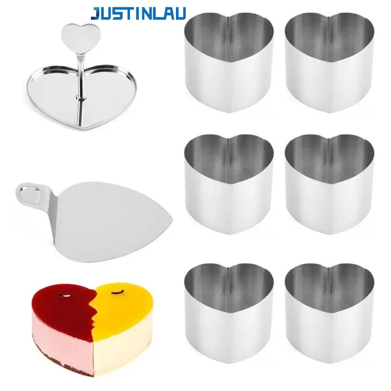 JUSTINLAU Cake Ring Molds Round/Heart Shape Stainless Steel Rice Ball Mousses Mold with Pusher&Pallet Kitchen Pastry Accessories