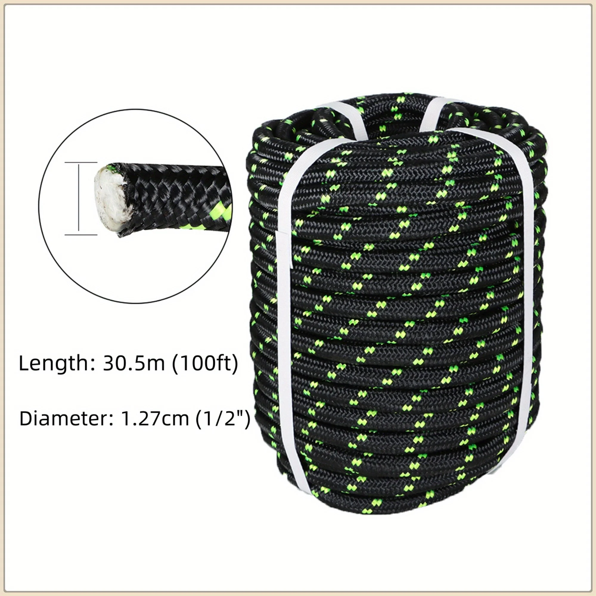 

100 ft. Black-Green 1/2 in. double braided polyester rope, polyester rope, swing rope Indoor and outdoor use Reusable