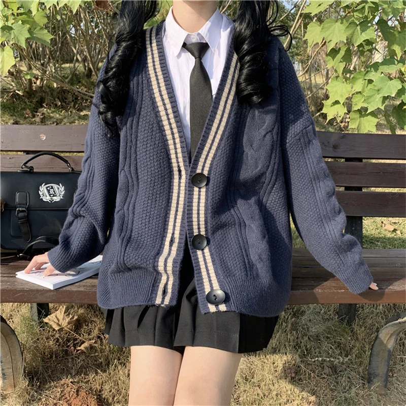 Japanese Student Girl College Style 100% V-neck Knitted Cotton Navy Cardigan Sweater Lazy Style Oversize School Uniform Full Set