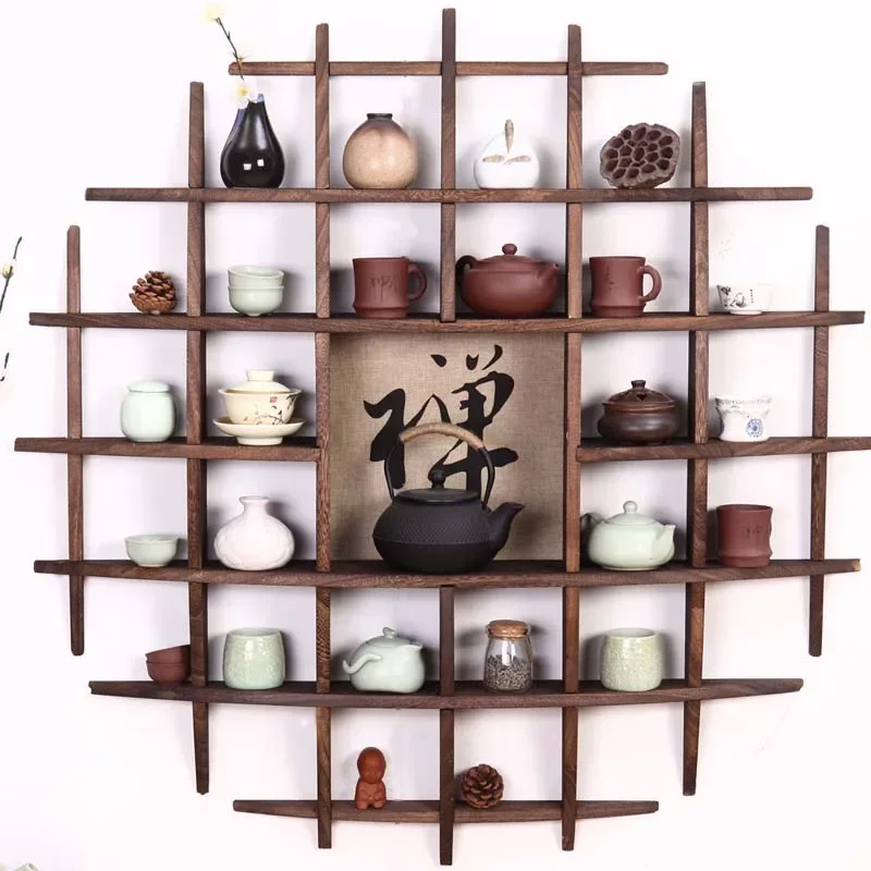 Japanese Style Hang The Wall Tea Pot Holder Antique-and-curio Exhibition Shelves Simple Retro Solid Wood   Tray