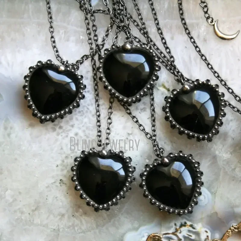 10pcs Gothic Black Obsidian Puffed Heart Necklace Women Arcane Tiki Halloween Witch Boho Goth Wicca Love Spell Talisman Jewelry