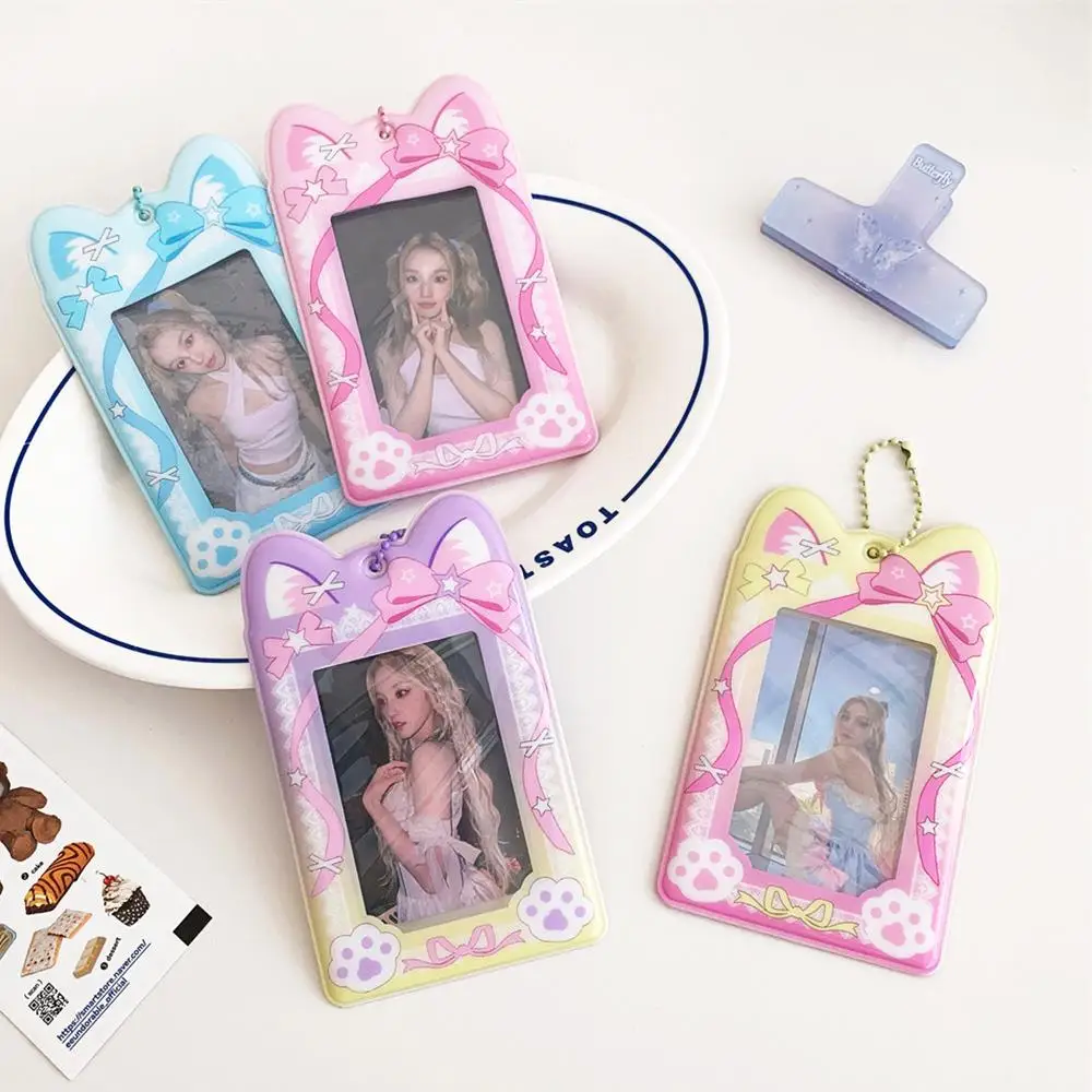 INS 3-inch Cartoon Photocard Holder Sweet Bowknot Card Sleeve Plastic Card Bag Korean Idol Small Photo Card Holder Key Pendant