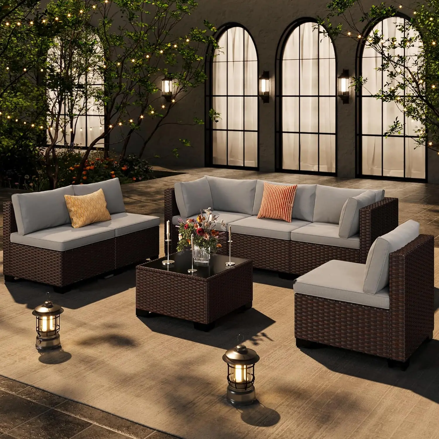 

7pc Patio Sectional Sofa Water-Resistant Cushions PE Rattan Backyard Deck Garden Grey, Customized