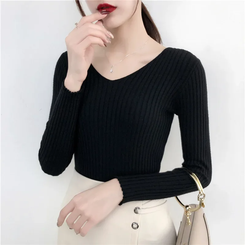 Autumn Winter Knitted V Neck Women Sweaters Casual Long Sleeve Pullover Soft Warm Sweater Femme Fashion Basic Solid Jersey Tops