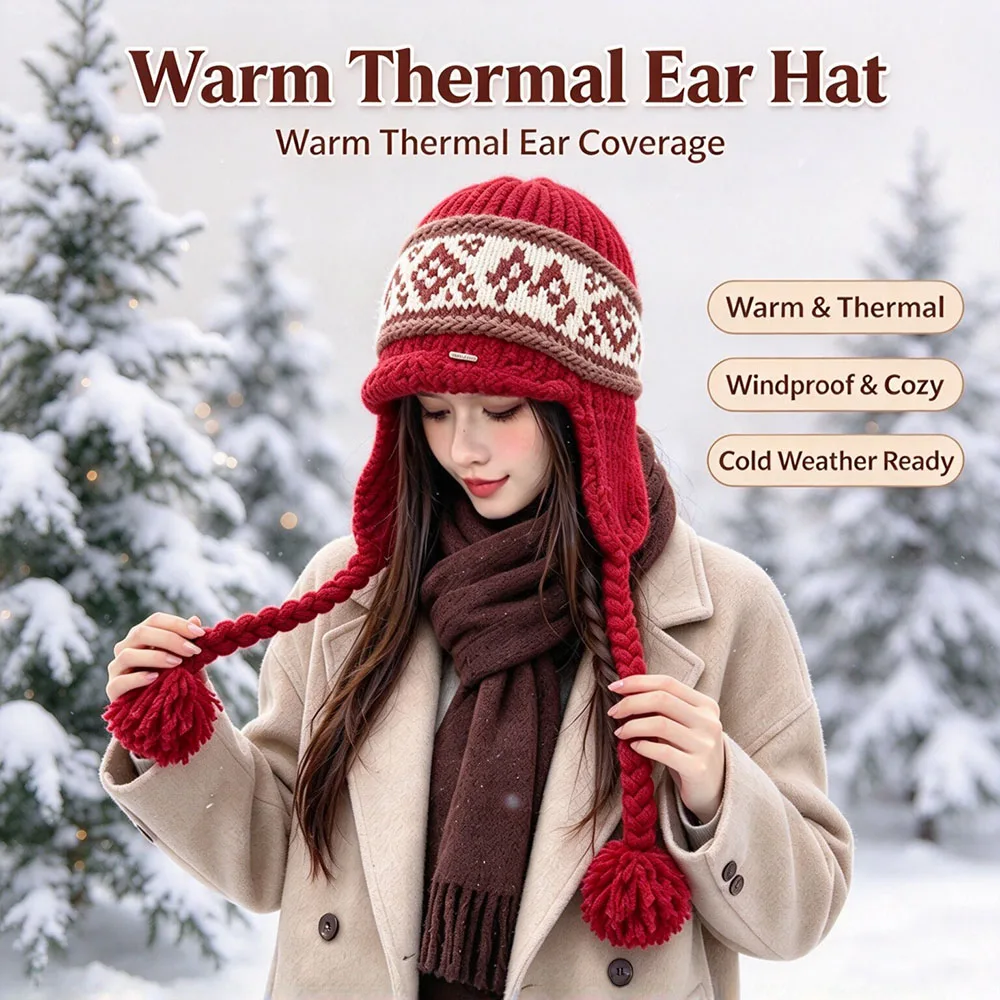 Winter Vintage Trapper Aviator Hat for Women Earflap Warm Wool Blended Knitted Hat Ear Protection Outdoor Skiing Protectors Hats