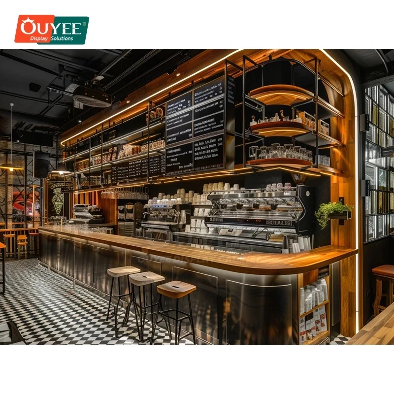 custom.Contemporary Coffee Shop Environment One Stop Solution Cafe Fit Out Flexible Layout Display Tower