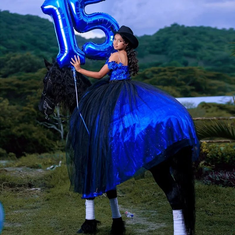 Brilhante azul royal quinceanera vestido de renda cristal glitter flor decalque cauda longa vestidos de 15 quinceanera ﻿ Personalizado