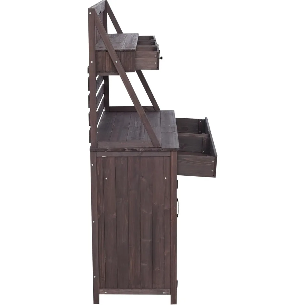 مقعد تخزين خارجي من خشب التنوب مع مساحة تخزين و5 أدراج، لوحة خلفية شرائحية لتنظيم زراعة الحديقة