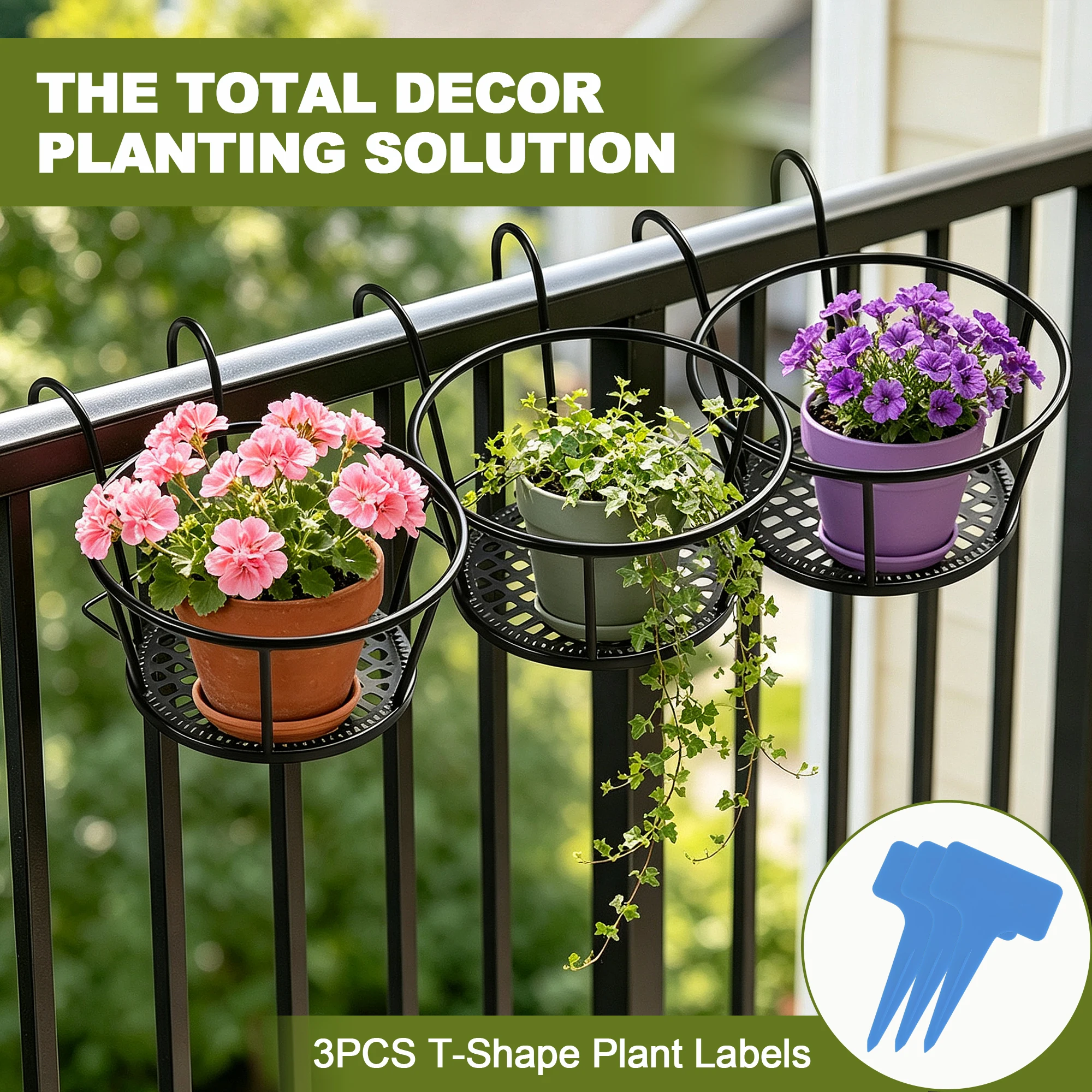 3PCS Railing Flower Pot Holder & T-Shape Plant Labels, Hanging Plant Basket for Balcony Rail, Fence Plant Hanger, Metal Railing Planter, Hanging Pot Holder for Fence, Balcony Rail Flower Basket, Outdoor Hanging Plant Holder