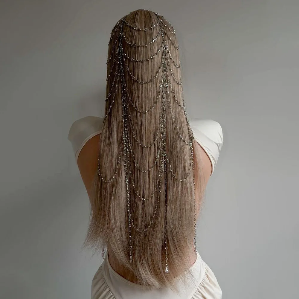 الرجعية حجر الراين شبكة خوذة الزفاف رئيس سلسلة مجوهرات للنساء الفاخرة كريستال عقال غطاء رأس قبعة إكسسوارات الشعر #1