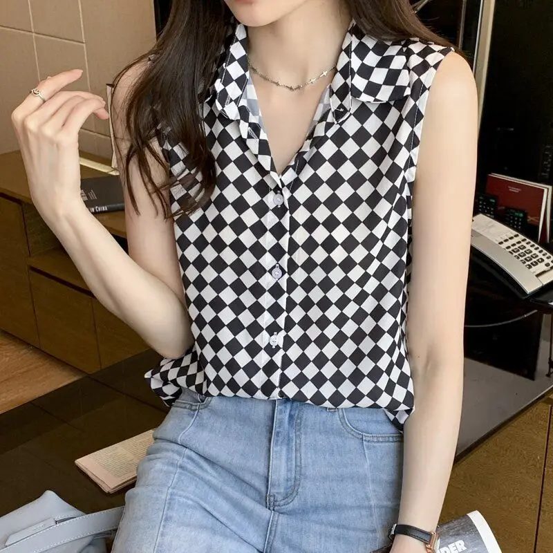 Casual Plaid einreiher Bluse Frauen Ärmellose Polo Kragen Koreanische Sommer Dame Pullover Temperament Chiffon Shirt 2023