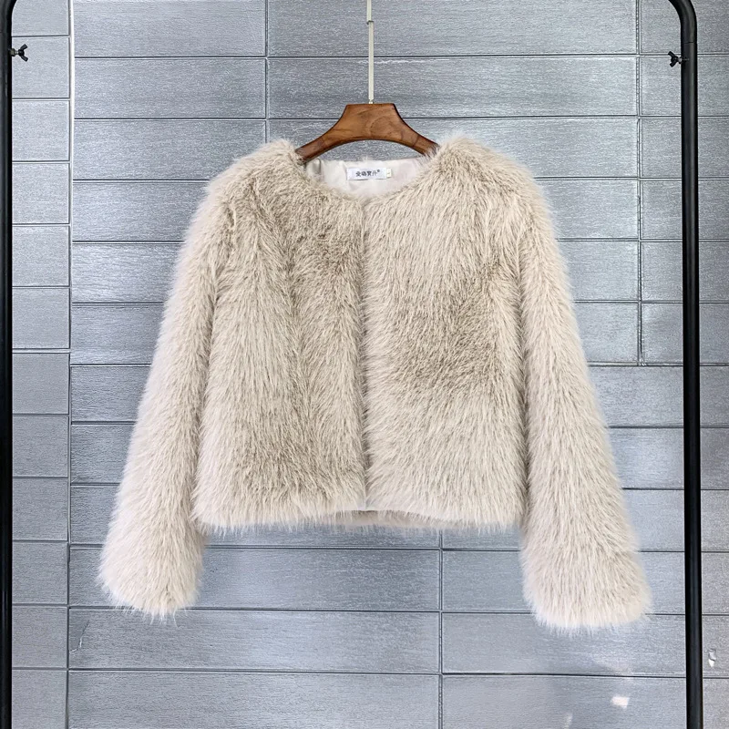 Elegant Loose Fur Short Coat Women Fashion Long Sleeve O-neck Cardigan Coats 2024 Autumn Winter Furry Warm Lady Street Overcoats