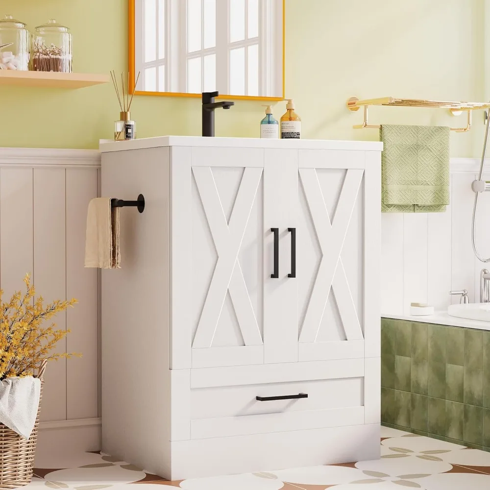 Mueble de baño estilo granja de 24" con lavabo, mueble de almacenamiento con 2 puertas y 1 cajón