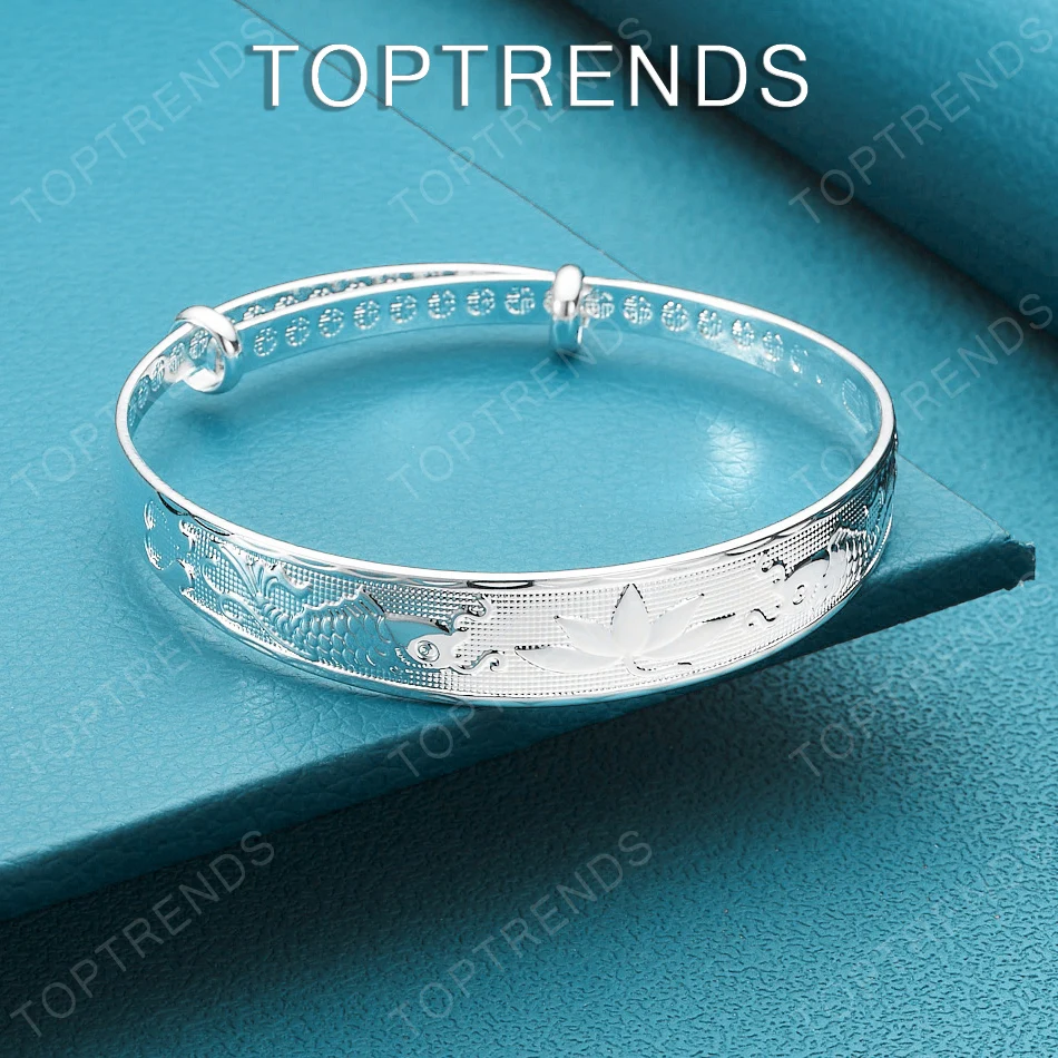 Adjustable 925 Sterling Silver Carved Fish And Flowers Push-Pull Type Bangle High-Quality Jewelry For Women Birthday Party Gift