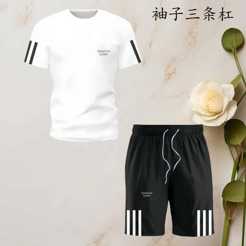 24/25 Latest Hot Trendy Men's Cool Handsome Casual Simple Three Bar Summer Men's Set Comfortable Loose T-shirt Shorts Set