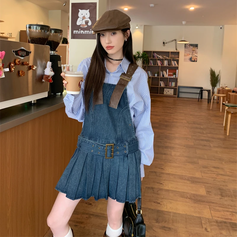 Robe à bretelles spaghetti en denim vintage pour femmes, chemises rayées à manches longues, mini robe plissée, style universitaire imbibé, Harajuku, Y2K