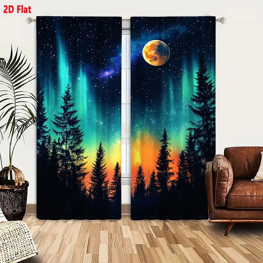 2Pcs Curtains 2D Flat Vibrant Night Sky Aurora Borealis Over Pine Forest With Glowing Moon And Nebula Window Drapes for Bedroom